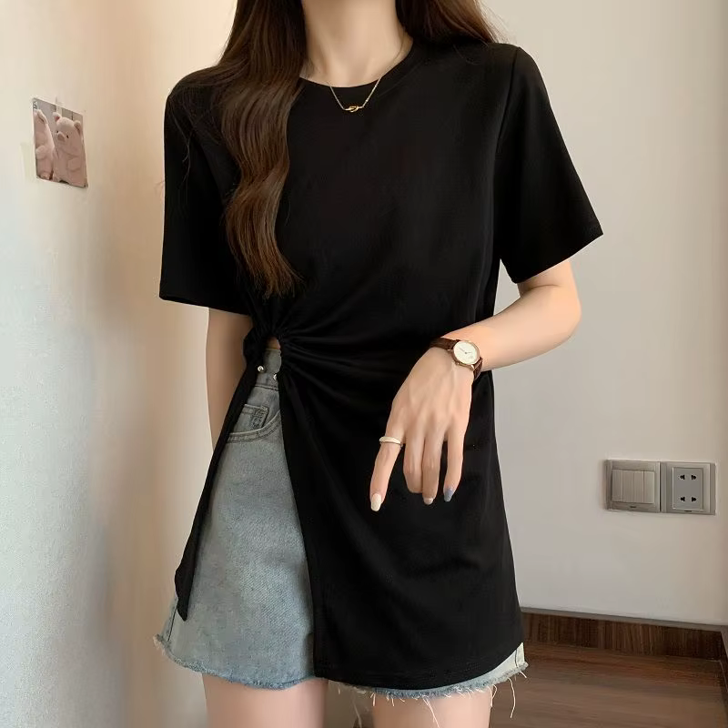 T-shirt long décontracté pour femme, design fendu sur le côté, plis sexy, pur, simple, tout match, s