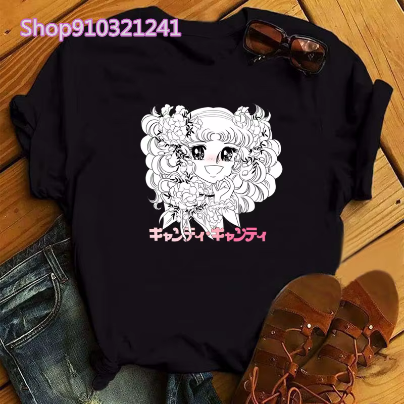 Kawaii Anime bonbons T-shirt femmes été à manches courtes mignon noir T-shirt imprimé Harajuku T-shi
