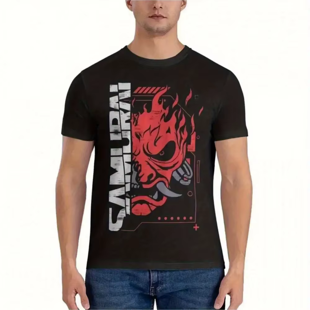 T-shirt col rond homme vintage japonais Gaming 2077 Cyber Samurai T-shirt col rond en coton noir ave