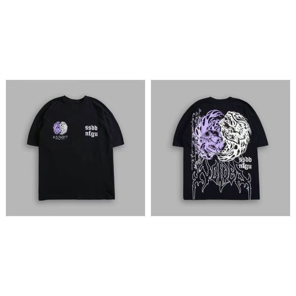 T-shirt en coton à col rond imprimé à motif tête de loup, style américain, pour hommes et femmes, à 