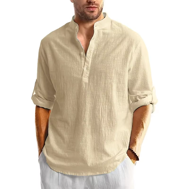 Nouveaux hommes lin coton t-shirts à manches longues boutonné chemises Henley plage chemises hawaïen