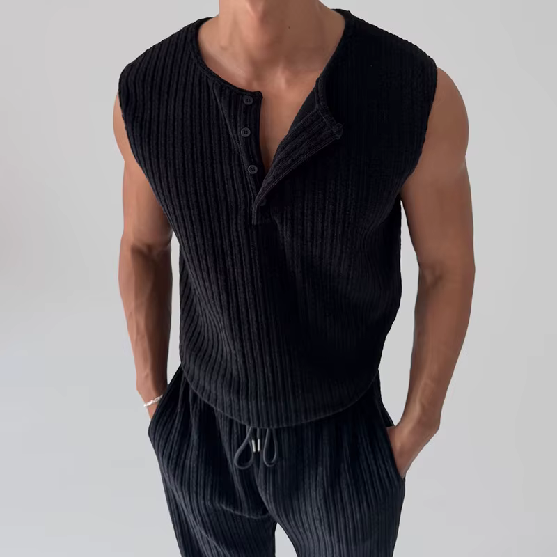 Nouvel ensemble décontracté pour homme 2026 : Gilet sans manches à col Henley et pantalon rayé pour
