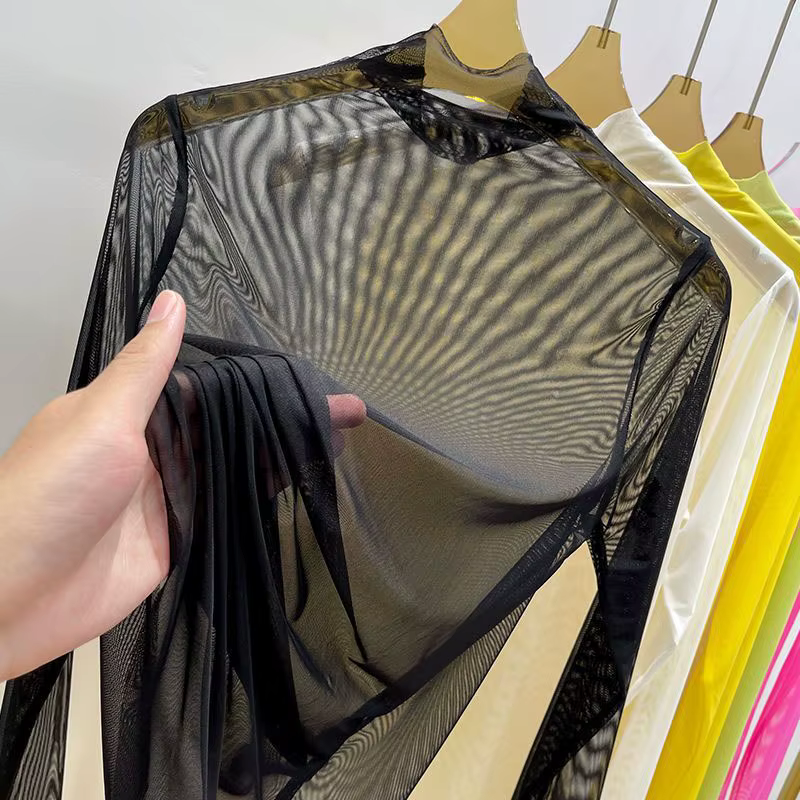 T-shirt à manches longues en gaze transparente pour femmes, vêtements d'été, chemise à col mi-haut, 
