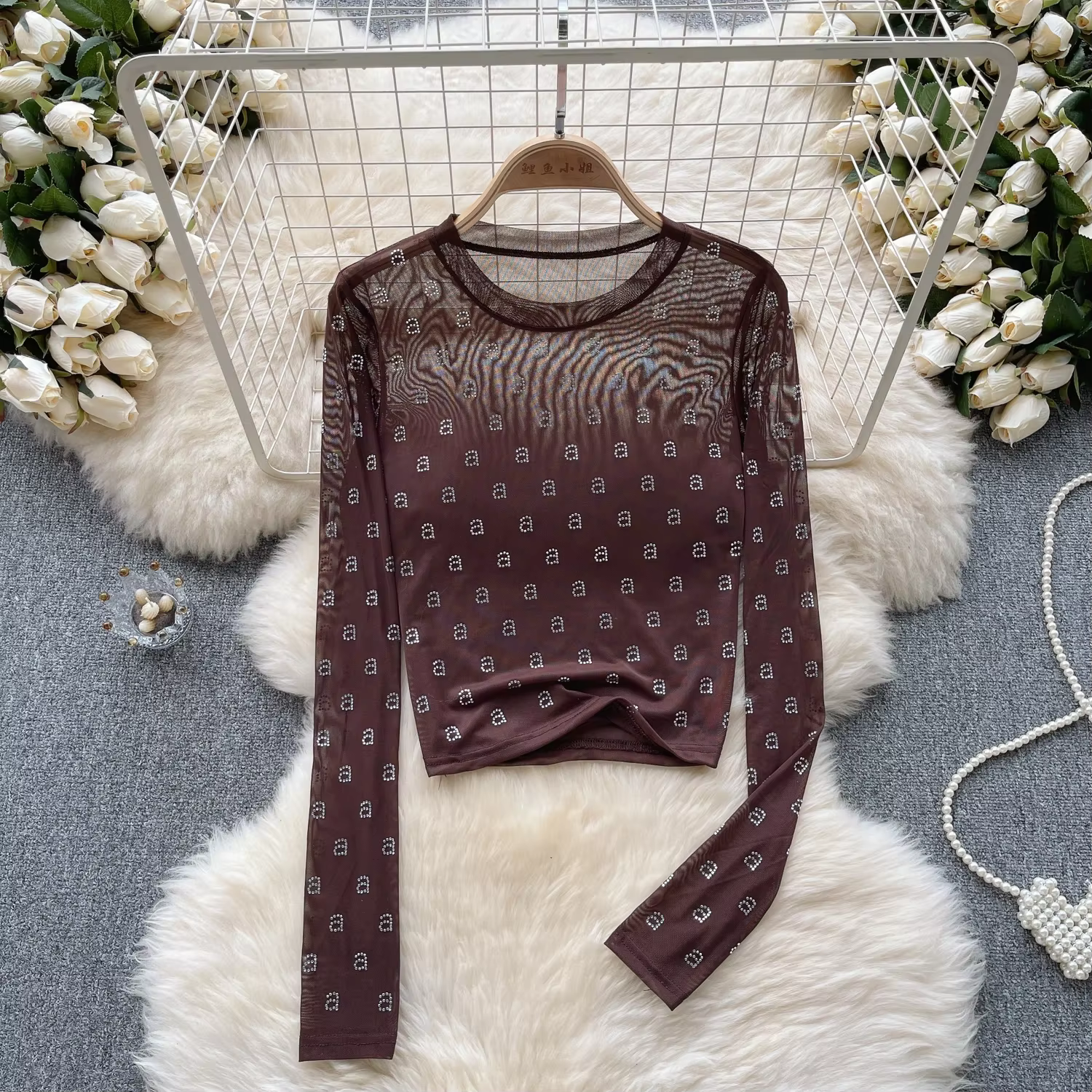 T-shirt manches longues col rond femme, chic, transparent, gaze, lettre biscuits, solide, slim, sexy