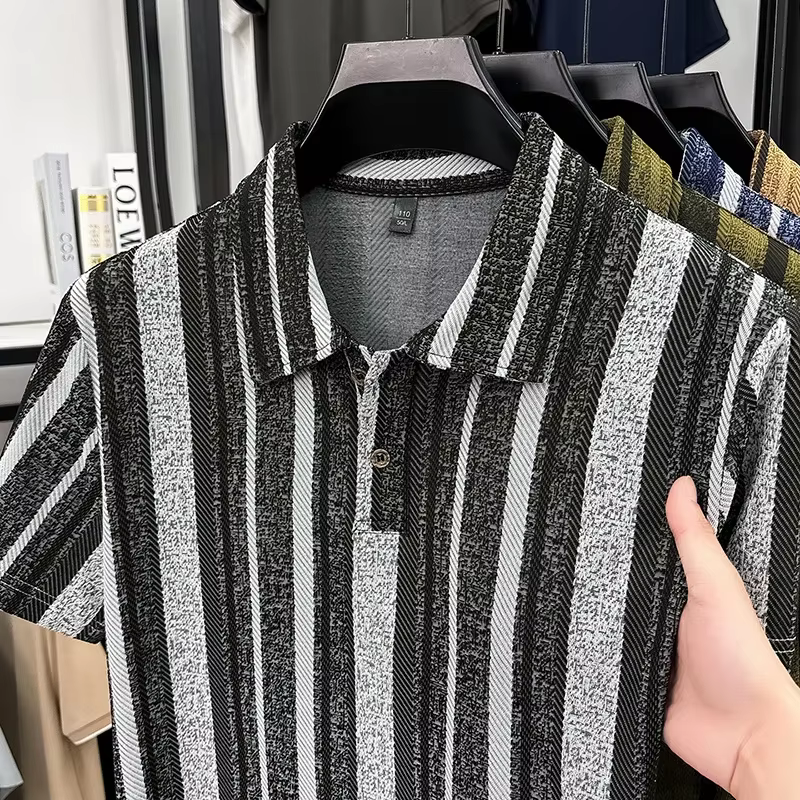 Polo à rayures pour homme, col à revers, demi-boutonnage, idéal pour les loisirs en extérieur, le ca