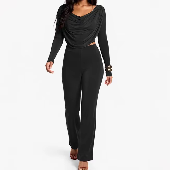 Ensemble deux pièces haut à col bénitier et pantalon taille haute pour femme, tenue élégante et déco
