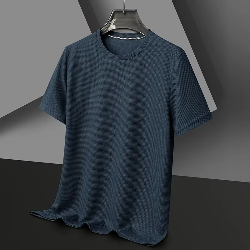 Polo à manches courtes en tissu gaufré uni, style mode, col rond, pour homme, t-shirt quotidien à ma