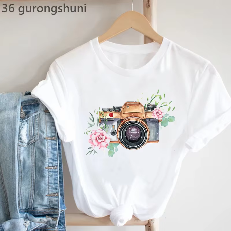 Vintage T-Shirt Femmes Caméra Oiseau Tshirt Femme Mode D'été À Manches Courtes T-Shirt Femme Casual