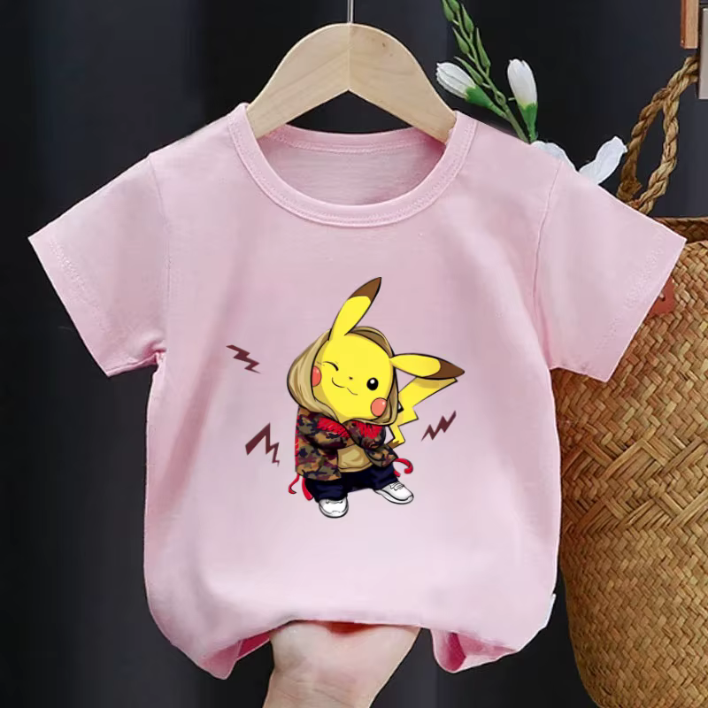 Nouveaux t-shirts Pokemon à la mode, dessins animés Pikachu, t-shirts roses pour bébés, hauts à manc