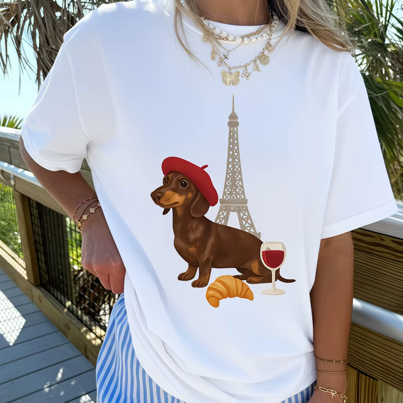 T-shirt drôle pour femme avec motif Teckel français et chien à la Tour Eiffel de Paris, tendance, es