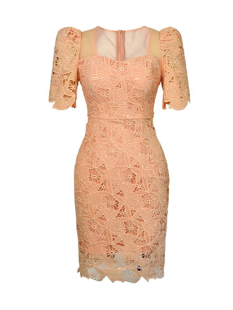 Fashion Summer Lace Elegant Women Evening Short Dress Chic Hollow Sexy Square Collar Slim Mini Party