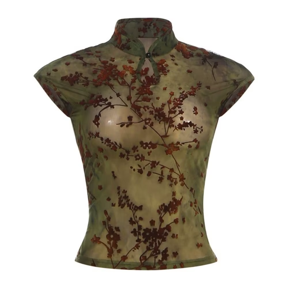 Débardeur sans manches transparent pour femme en tissu extensible, col montant, imprimé fleurs de pr