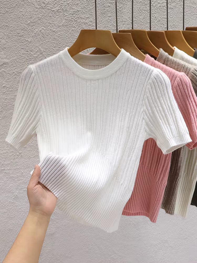 T-shirts d'été 2026 pour femmes – Décontractés, style coréen, tricotés, streetwear, basiques, unis, 