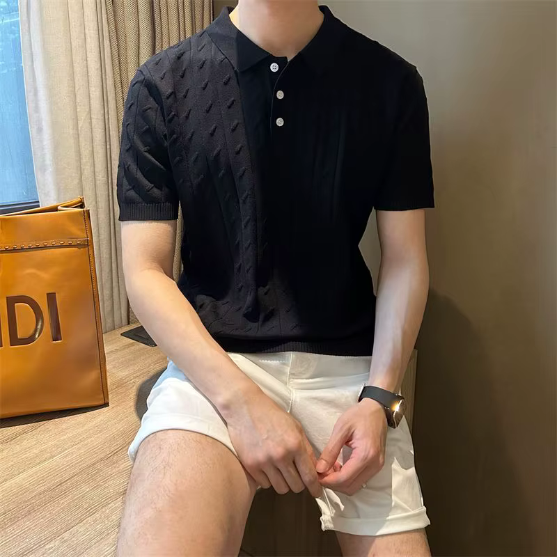 Polo Vertical à manches courtes tricoté en Jacquard, T-shirt à revers décontracté polyvalent, tendan