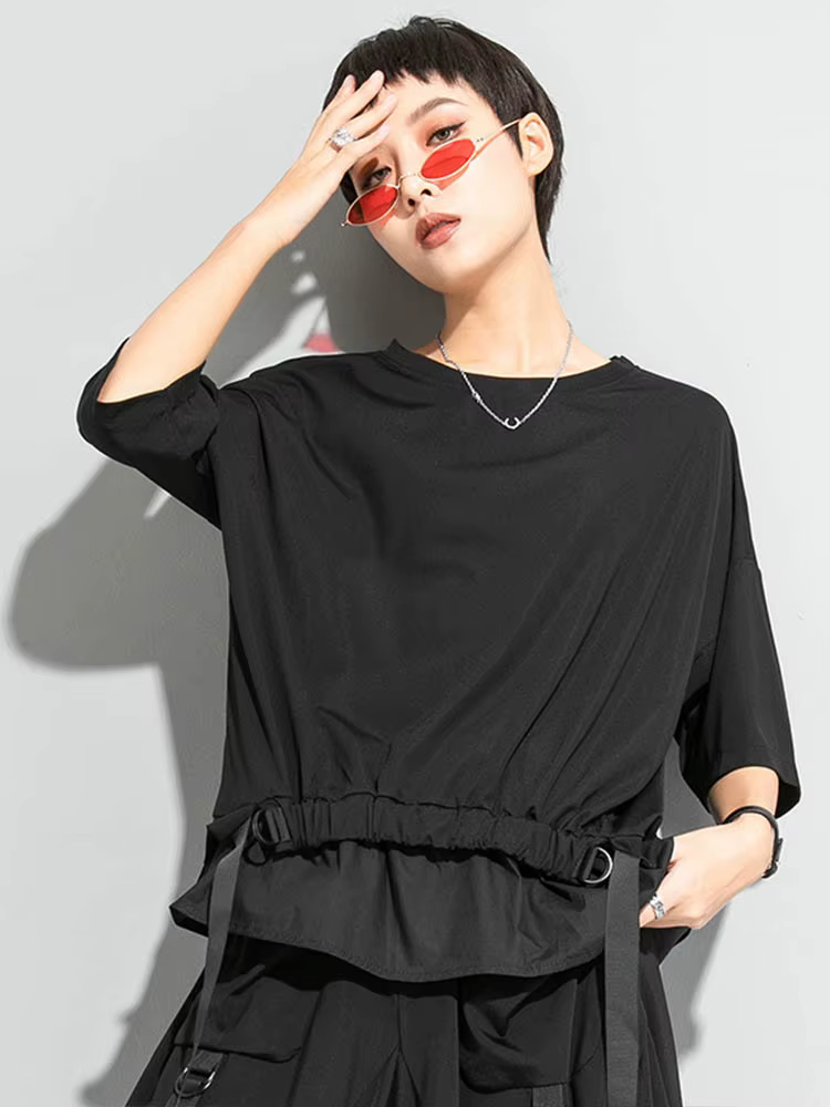AmaxluluE 2025 été mode T-shirt femmes noir à manches courtes T-shirt dames décontracté Patchwork ha
