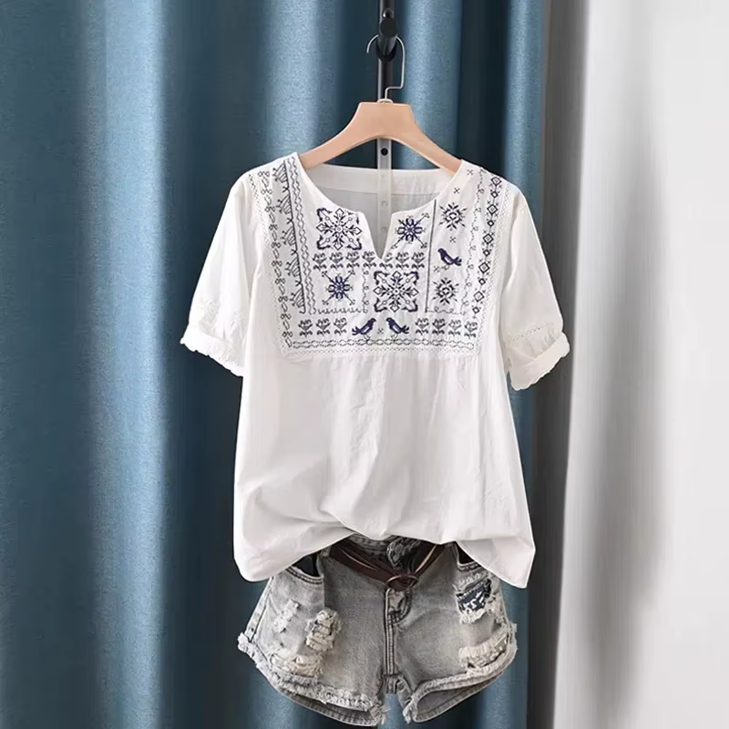 Chemisier blanc en coton brodé pour femmes, chemises à manches courtes, col en V ethnique, style boh