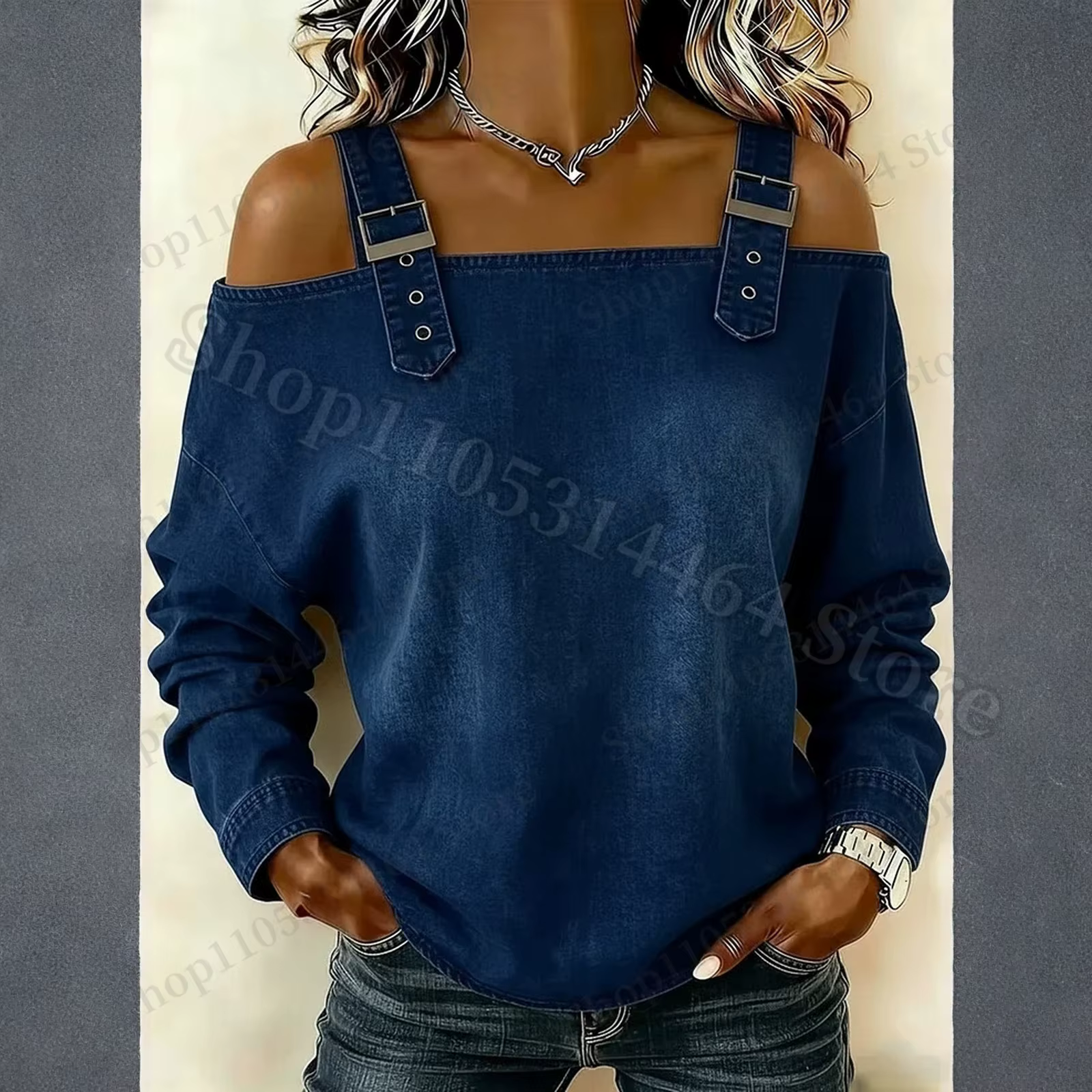 Haut en jean pour femme, élégant haut à épaules dénudées à manches longues avec bretelles, chemise e