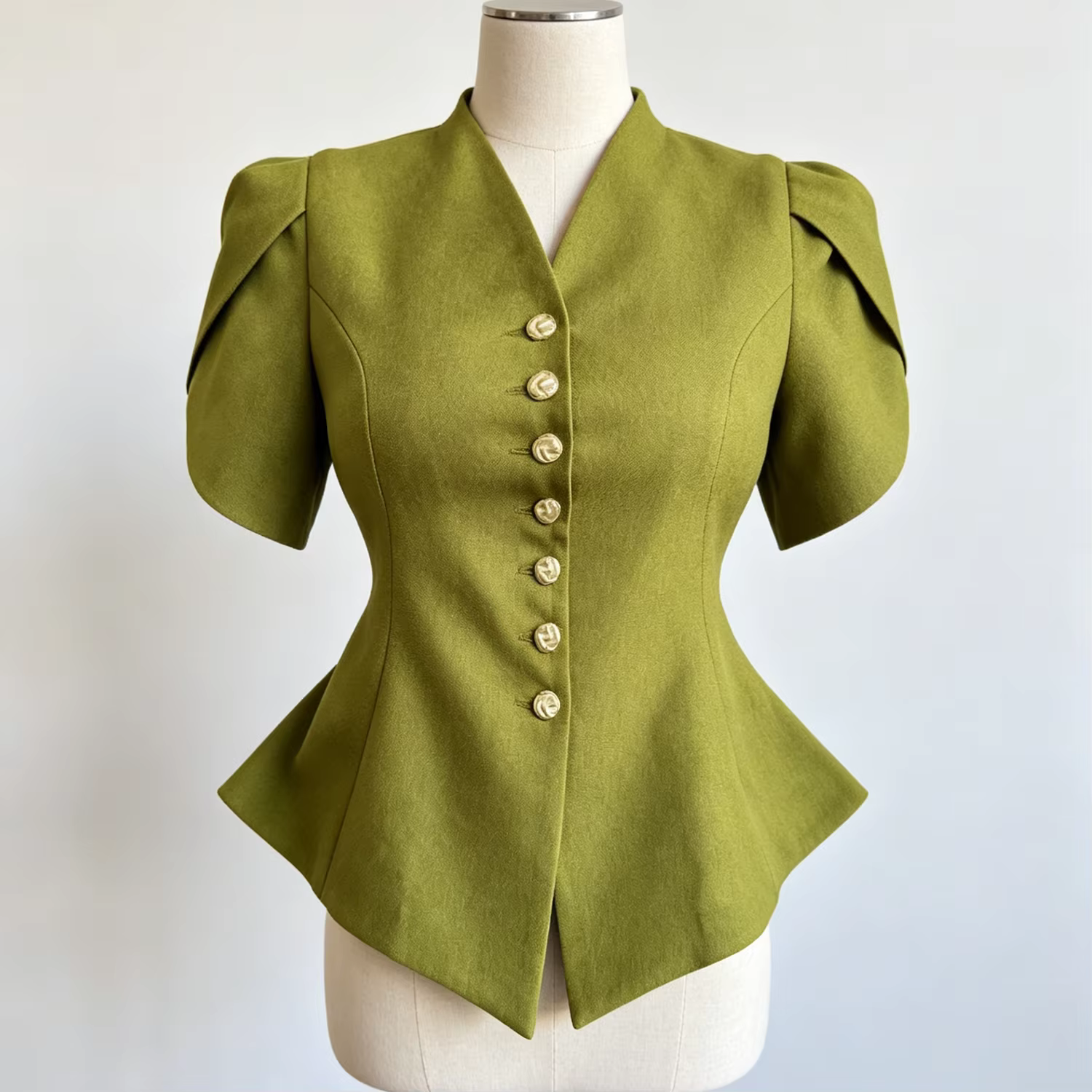 Haut blazer peplum LIMO avec col en V, manches bouffantes et boutons décoratifs