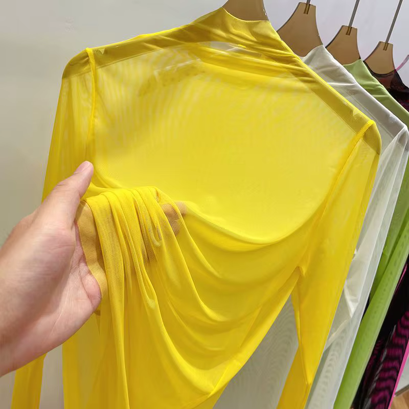 T-shirt transparent en gaze pour femme 2026 – Vêtement d'été à manches longues avec col semi-montant