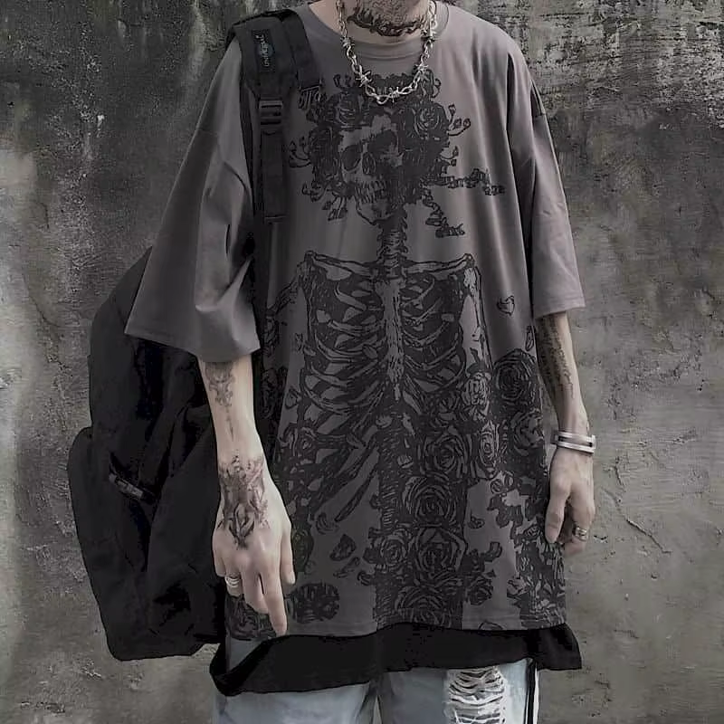 T-shirts pour hommes 2023 été Streetwear haute rue gothique crâne t-shirt ample surdimensionné à man