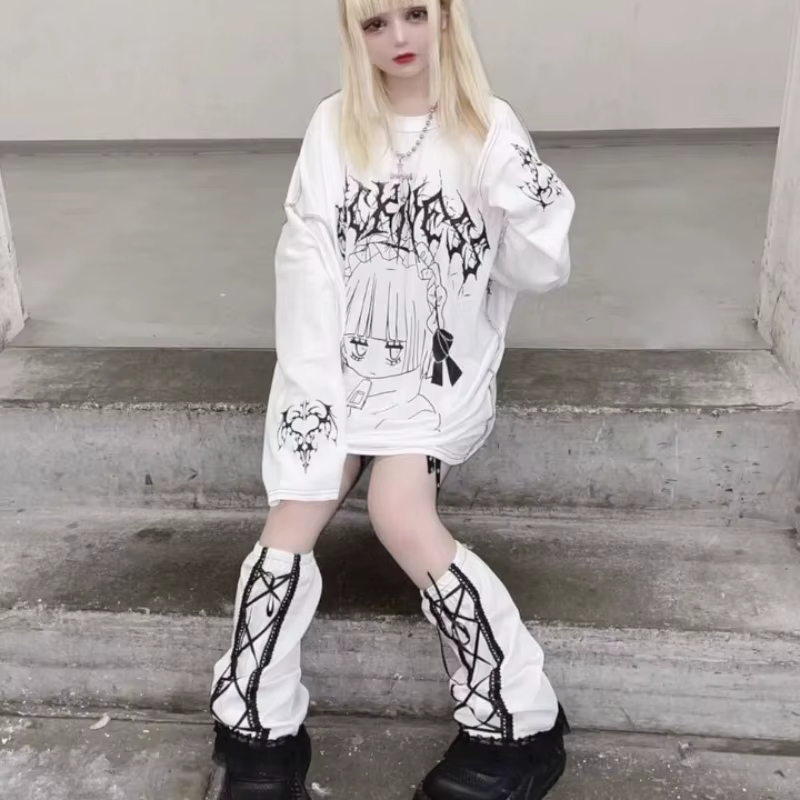 Streetwear T-shirts Femmes Vêtements Imprimé Manches Longues T-shirts Décontracté Mode Japonais Cami