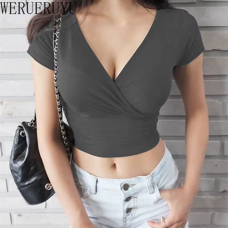 T-shirt manches courtes col en v pour femmes, noir, Sexy, Y2k, haut court, vêtements Streetwear, mod