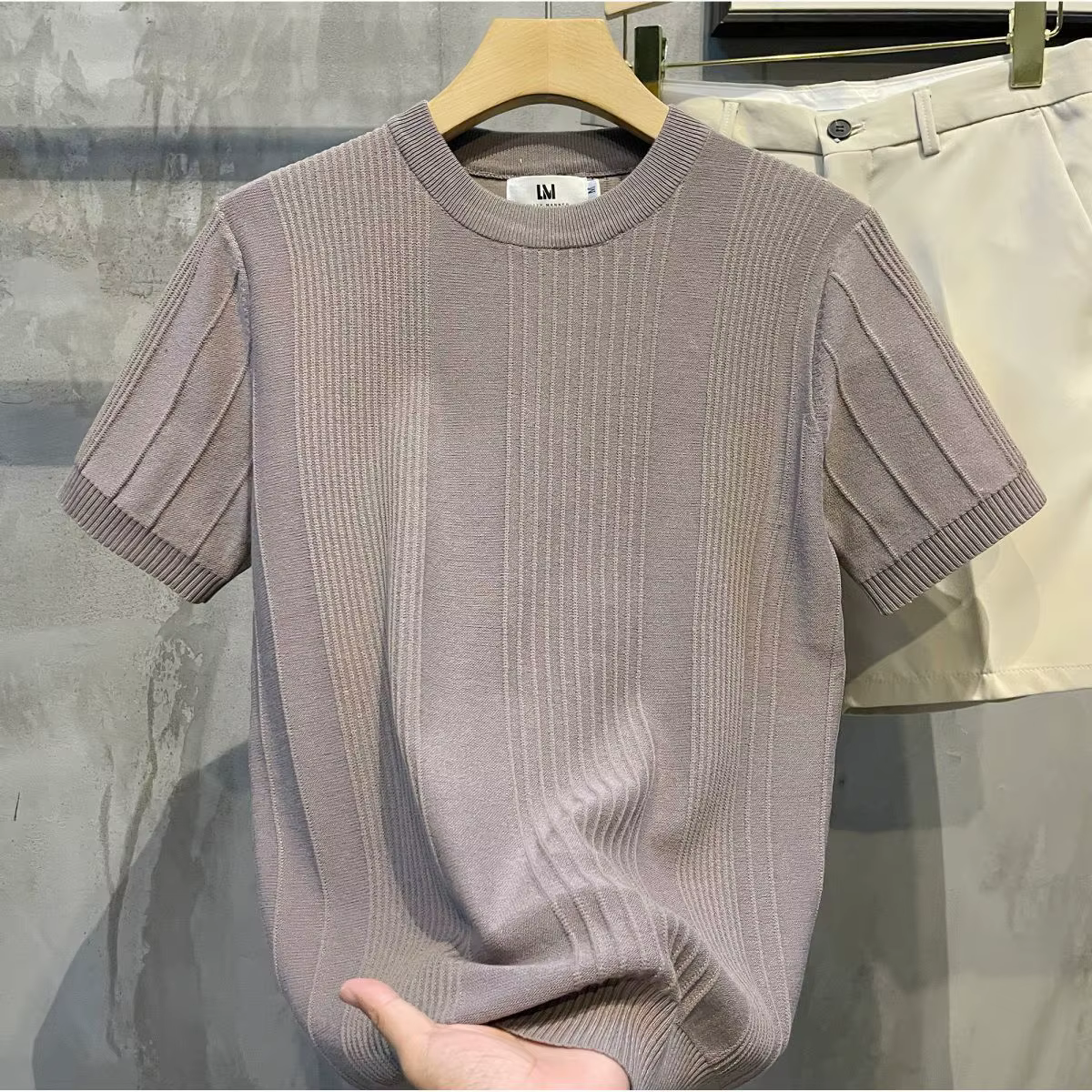 T-shirt à manches courtes pour homme, tricoté à rayures, style rétro, uni, de luxe, coupe ajustée, é