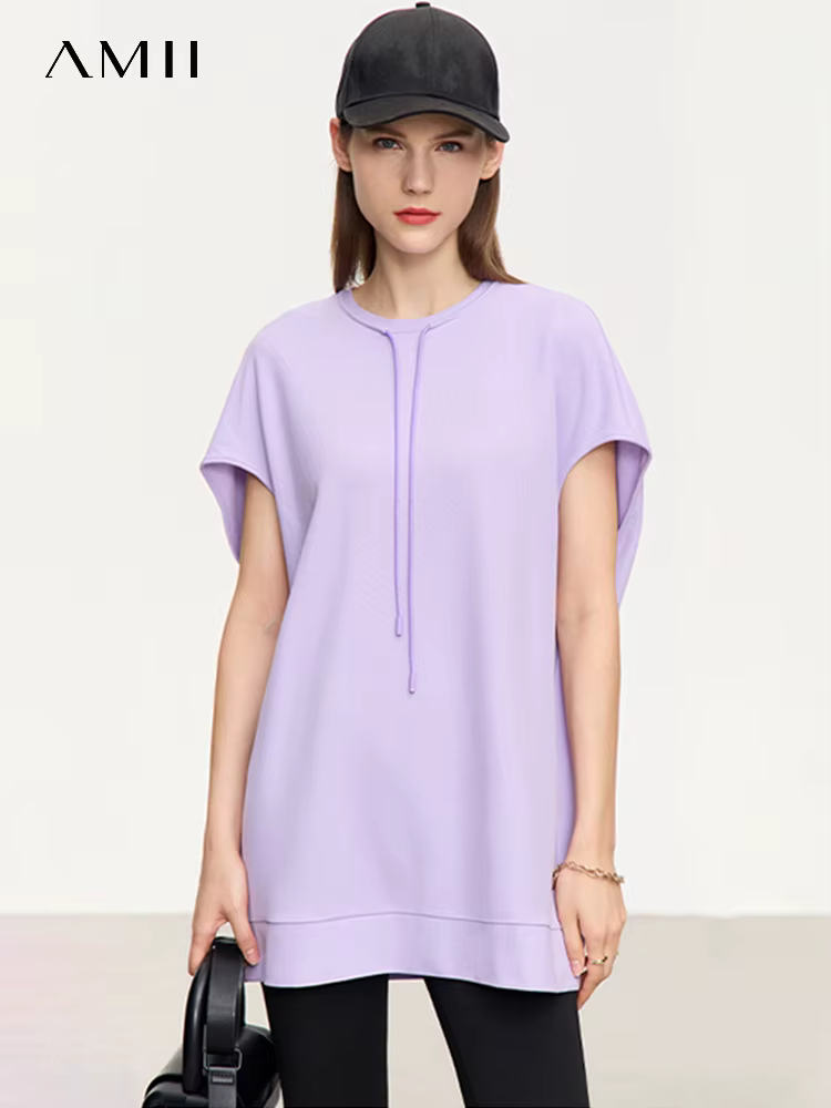 AMII-T-shirt minimaliste à manches courtes pour femme, décontracté, de couleur unie, 2023, été, 1234