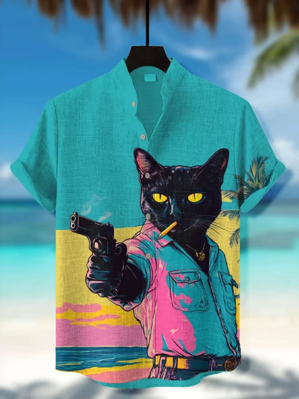 Chemise hawaïenne à manches courtes pour hommes, grande taille, à la mode, col montant, en lin impri