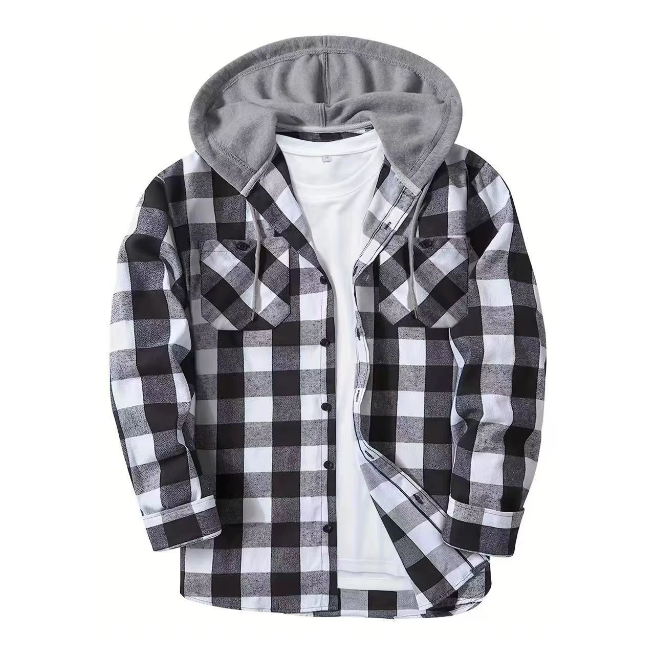 Chemise à carreaux ajustée à manches longues avec capuche pour homme, chemises décontractées de voya