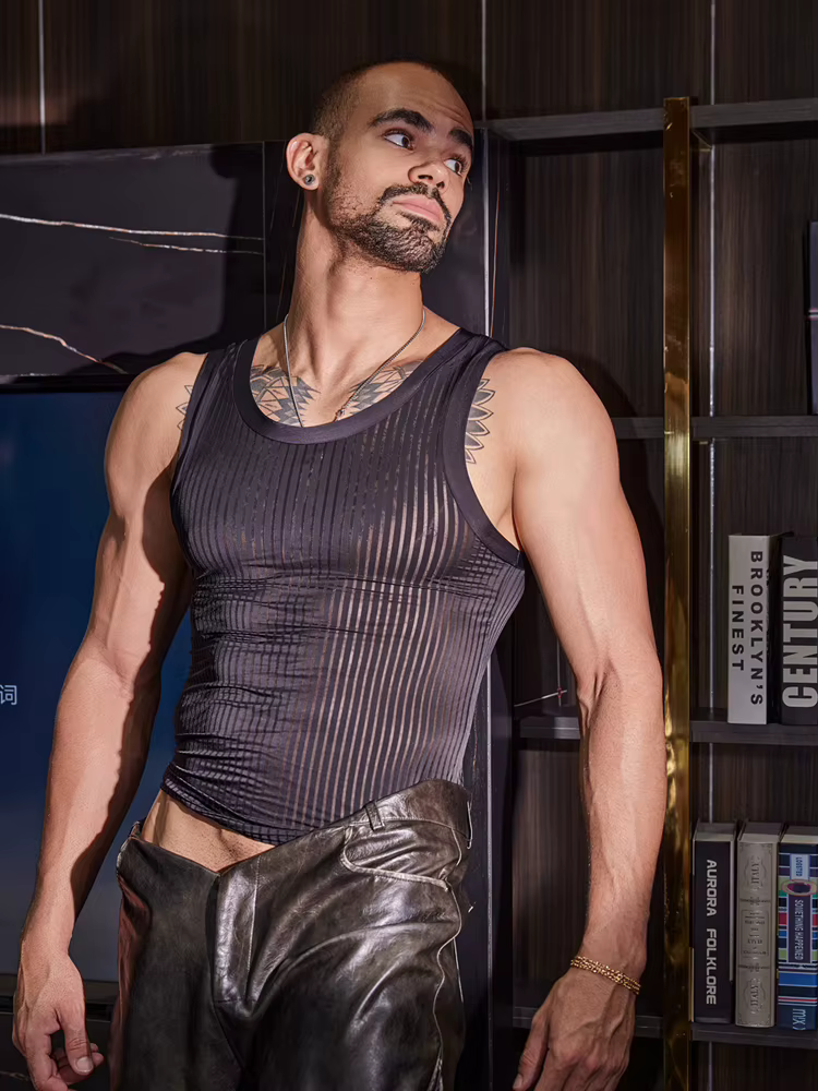 Débardeur Sexy pour hommes, brillant à l'huile, gilet à bretelles à rayures, transparent, haut tenda