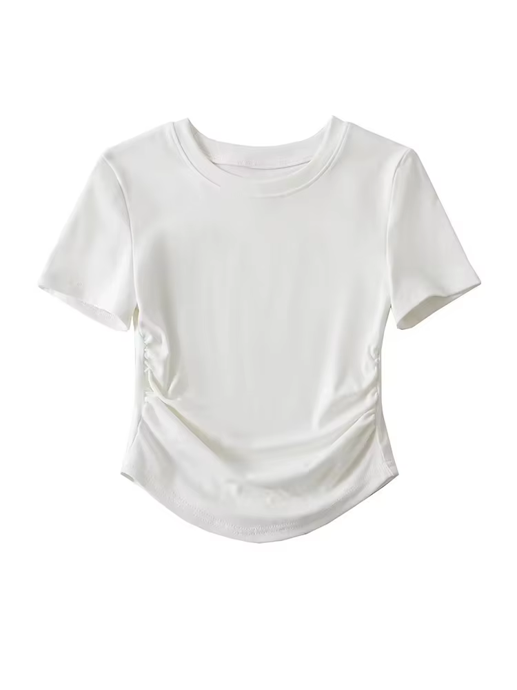 T-Shirt à Manches Courtes et Col Ras du Cou pour Femme, en Coton, avec Côtés Froncés, Style Harajuku