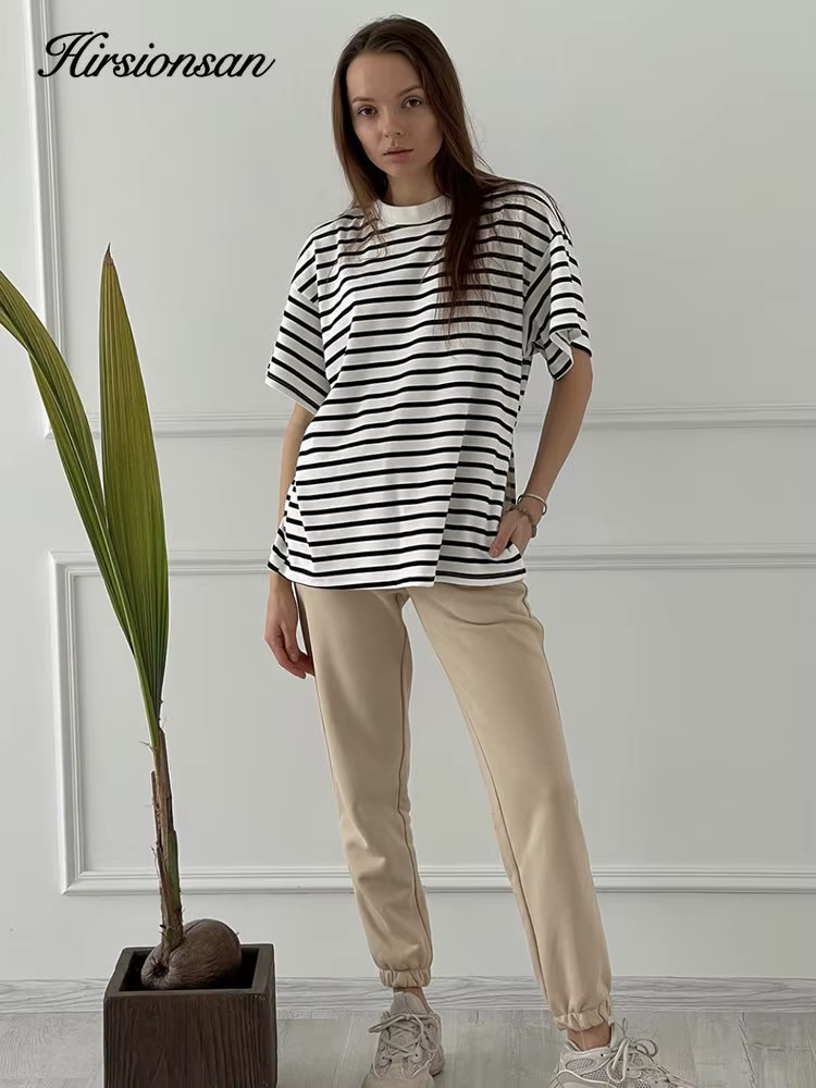 Hirsionsan – t-shirt oversize 100% coton pour femme, ample, rayé, fendu, décontracté, basique, été,