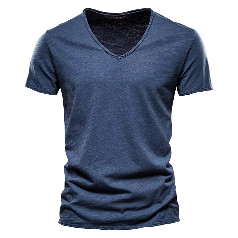 Qualité de la marque100% coton t shirt homme de marque Col en V mode homme Coupe ajustée Soild T-shi