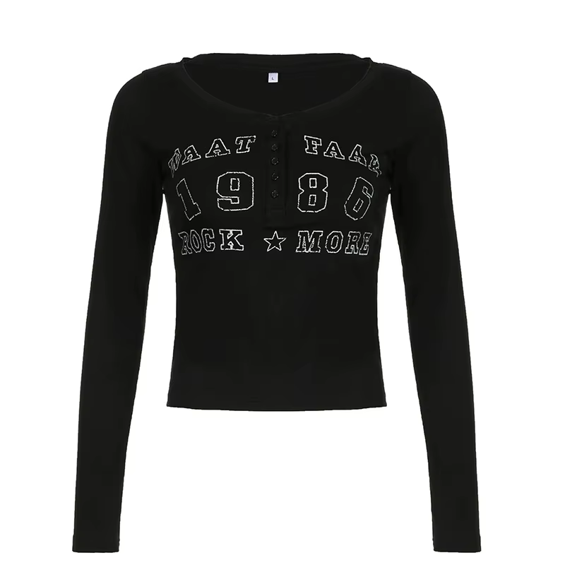 T-shirt noir femmes automne lettre imprimer Streetwear manches longues col rond moulante haut sexy b