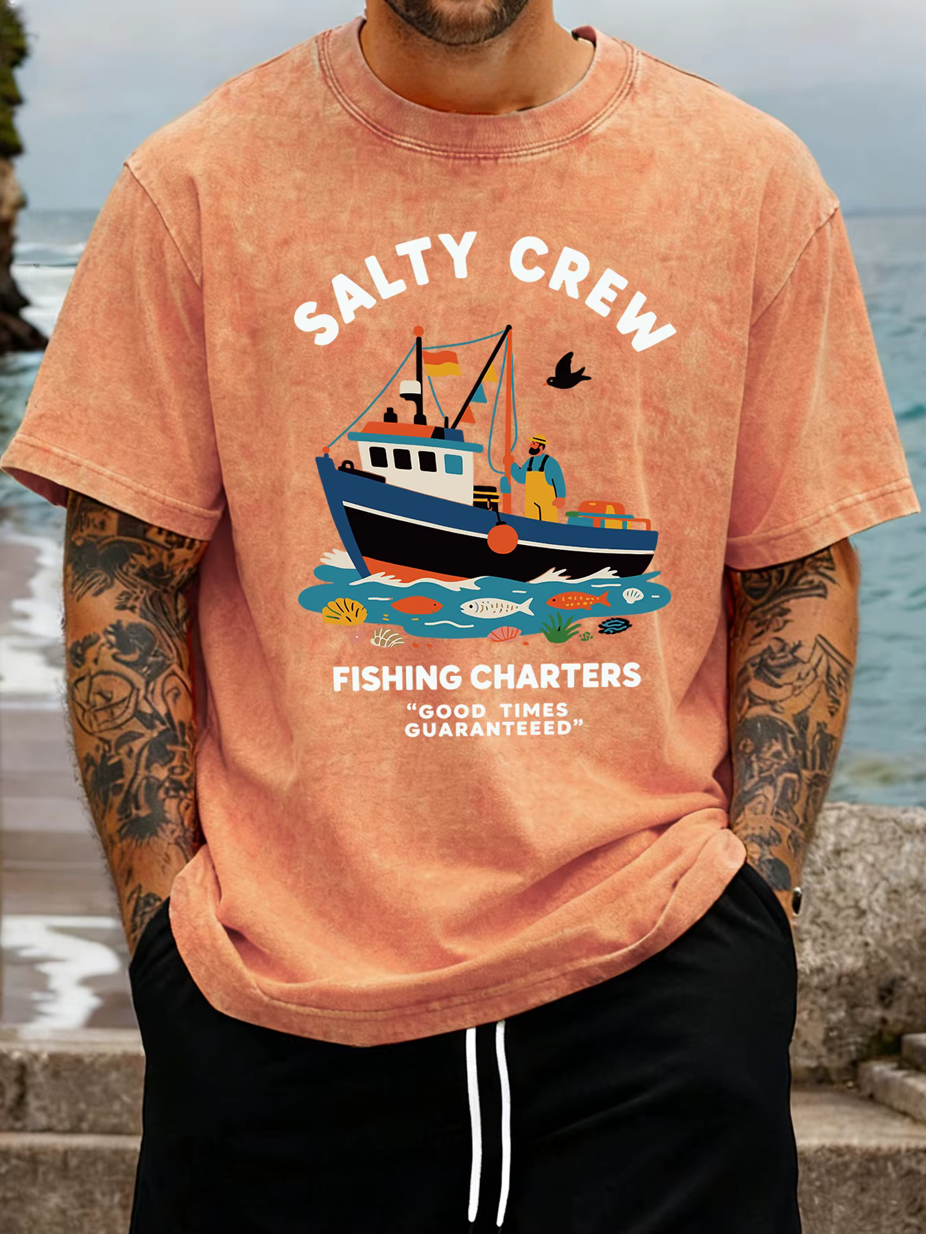 T-shirt vintage délavé Salty Crew Fishing Charters pour hommes, hauts d'été cool en coton, streetwea