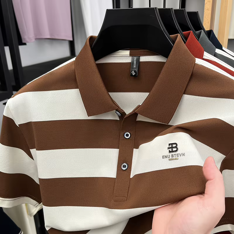 Polo de golf pour homme avec col, manches courtes et larges rayures – T-shirt respirant décontracté