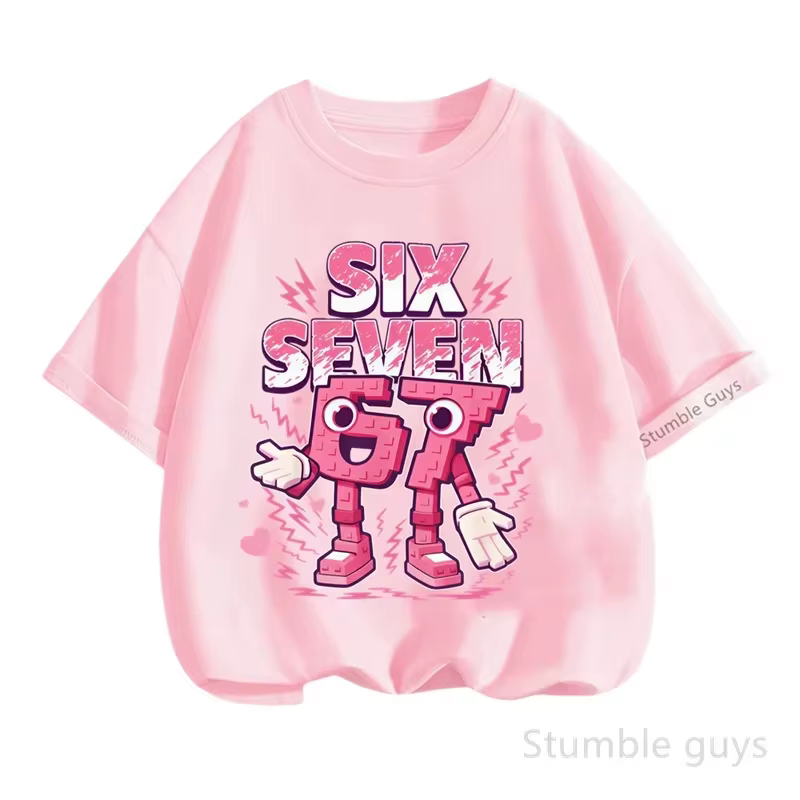 T-shirt graphique rose pour enfants, 67 SIX SEVEN, coton doux, vêtements décontractés pour tous les