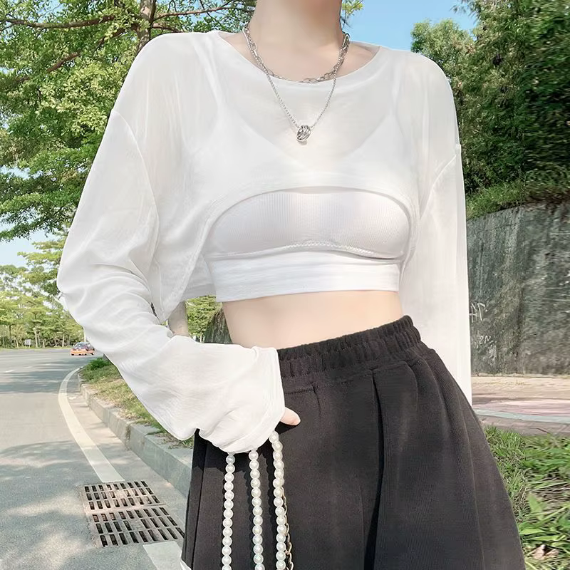 T-shirt transparent à manches longues et col rond pour femme, fin, résistant au soleil, à la mode, s