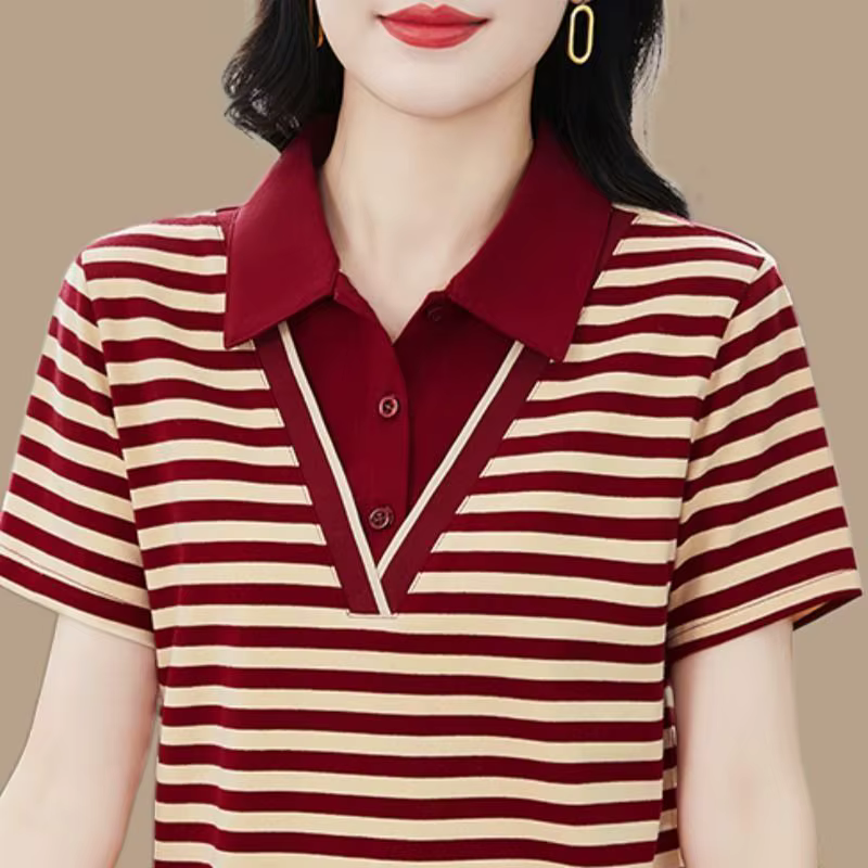 Polo rayé pour femme, haut décontracté d'été avec col contrastant et devant boutonné, pour femmes d'