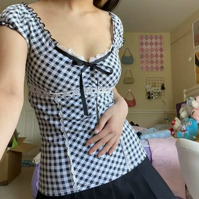 T-shirt à col carré pour femmes, avec garniture en dentelle, élégant, à manches courtes, coupe vinta