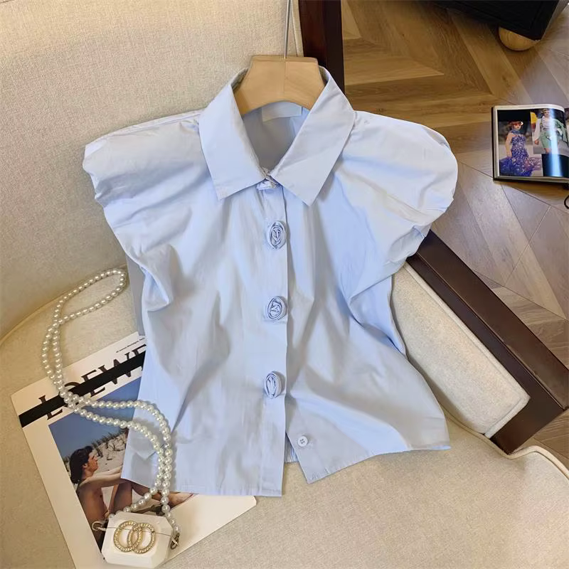 Chemises à manches volantes pour femmes, bouton floral, mode coréenne douce, attrayant, réduction de