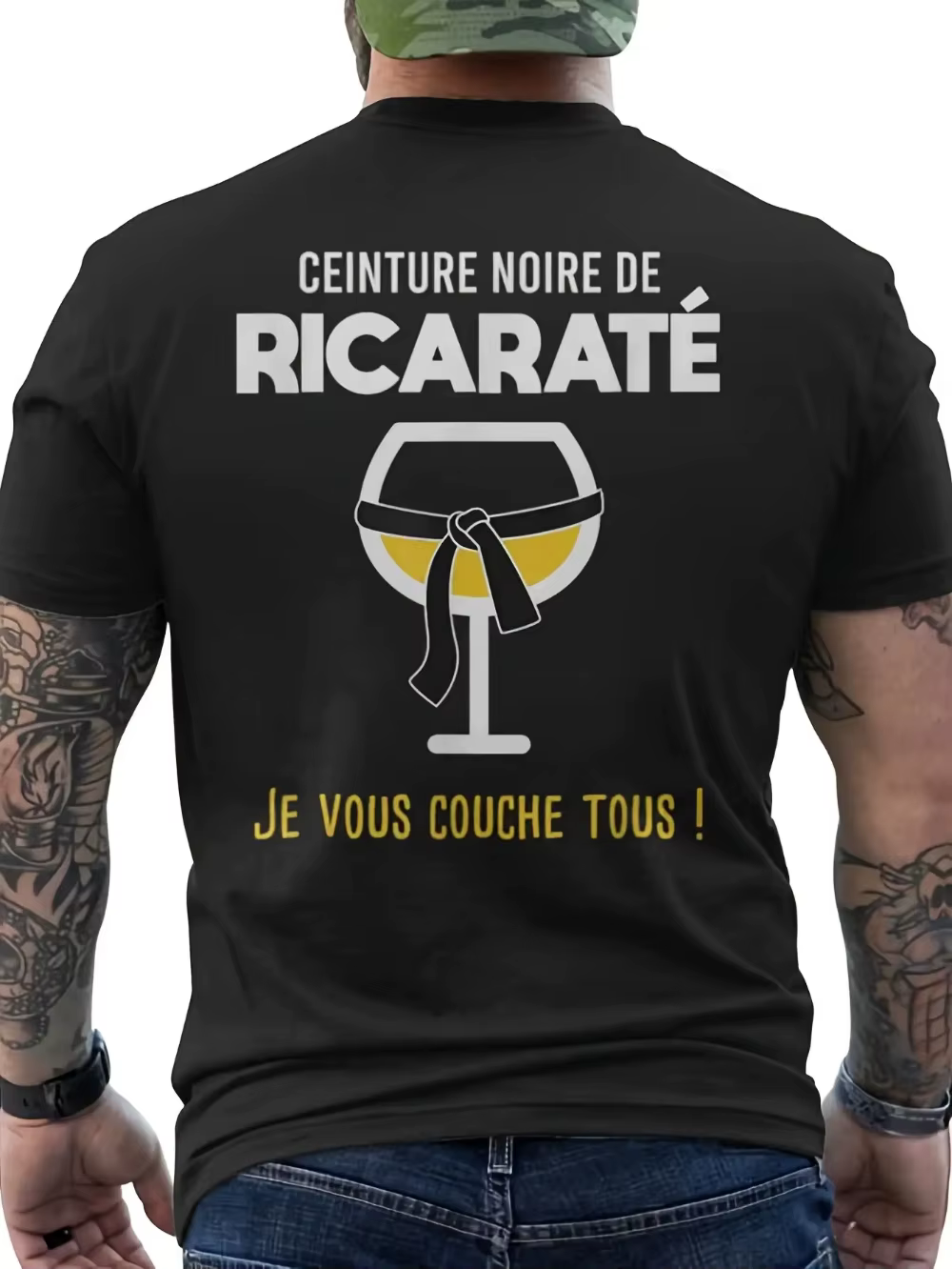 T-shirt humoristique pour homme avec motif de liqueur Pastis française, verre à Martini Centure Noir