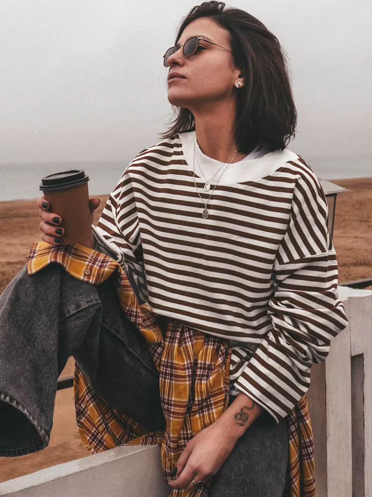 T-shirt Rayé à Manches sulfpour Femme, 95% Coton, Noir et Blanc, Décontracté, Basique, Vintage