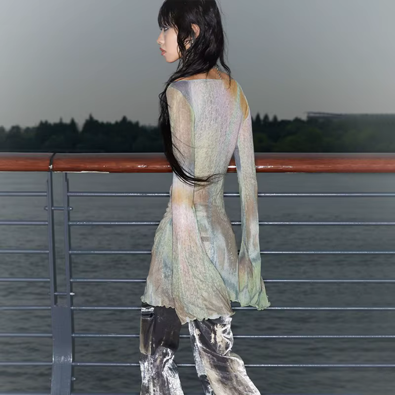 Karrcat Trashy Y2k cravate-teinture maille hauts Grunge esthétique manches évasées hauts transparent