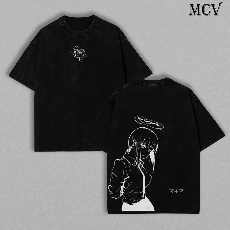 Makima - T-shirt homme tronçonneuse Vêtements anime Makima Tee T-shirt en coton lourd lavé, cadeau p