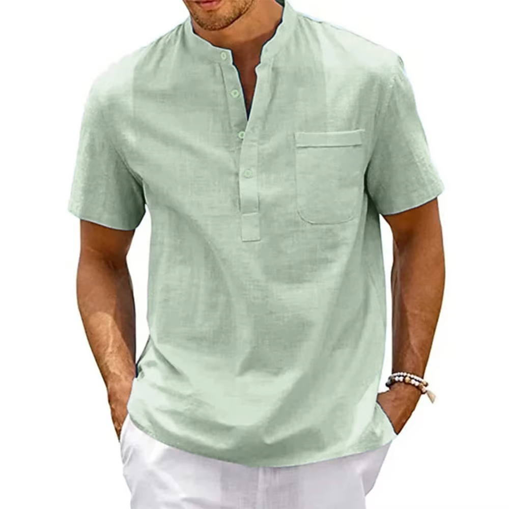 Chemise en coton et lin pour hommes, col Henley, poche, décontractée, plage, manches courtes, couleu