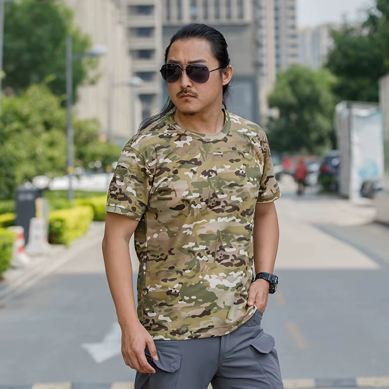 T-shirt tactique à séchage rapide pour hommes, à manches courtes, respirant, avec poche plaquée, pou