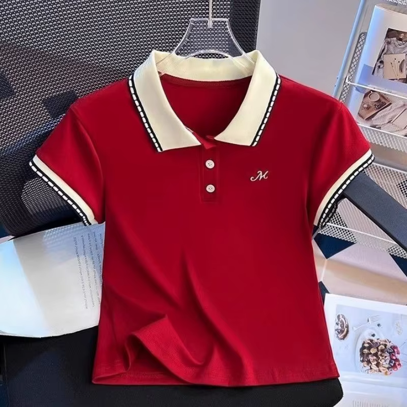 T-shirt polo à manches courtes pour femme, coupe classique, en mélange de coton, design contrasté, c