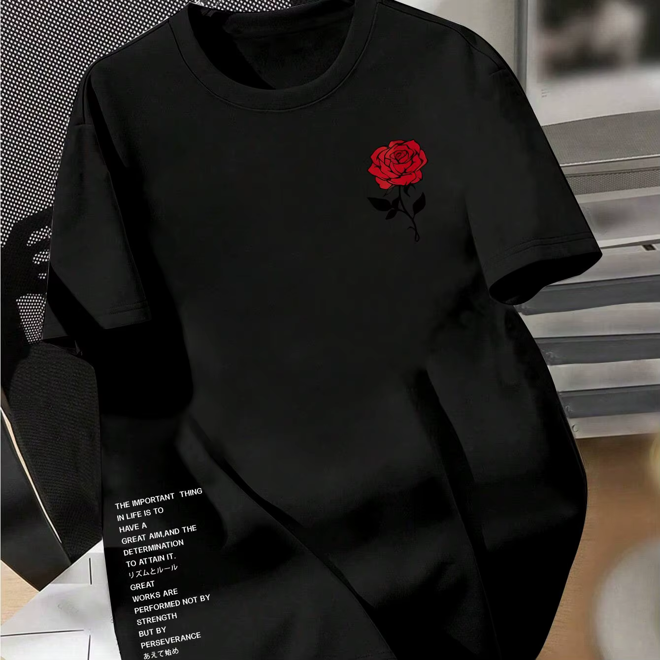 T-shirt esthétique à motif de petite rose rouge sur la poitrine, pour hommes et femmes, texte motiva